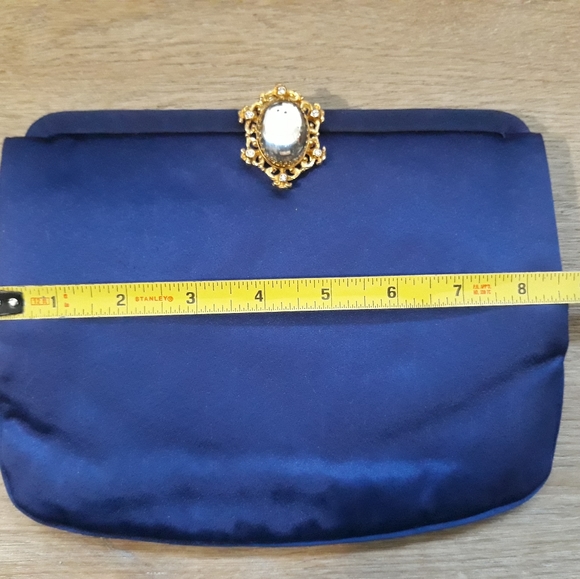 Vintage 1950's Mel-Ton Blue Satin Clutch Purse with Ornate Jewel Clasp - Picture 10 of 12